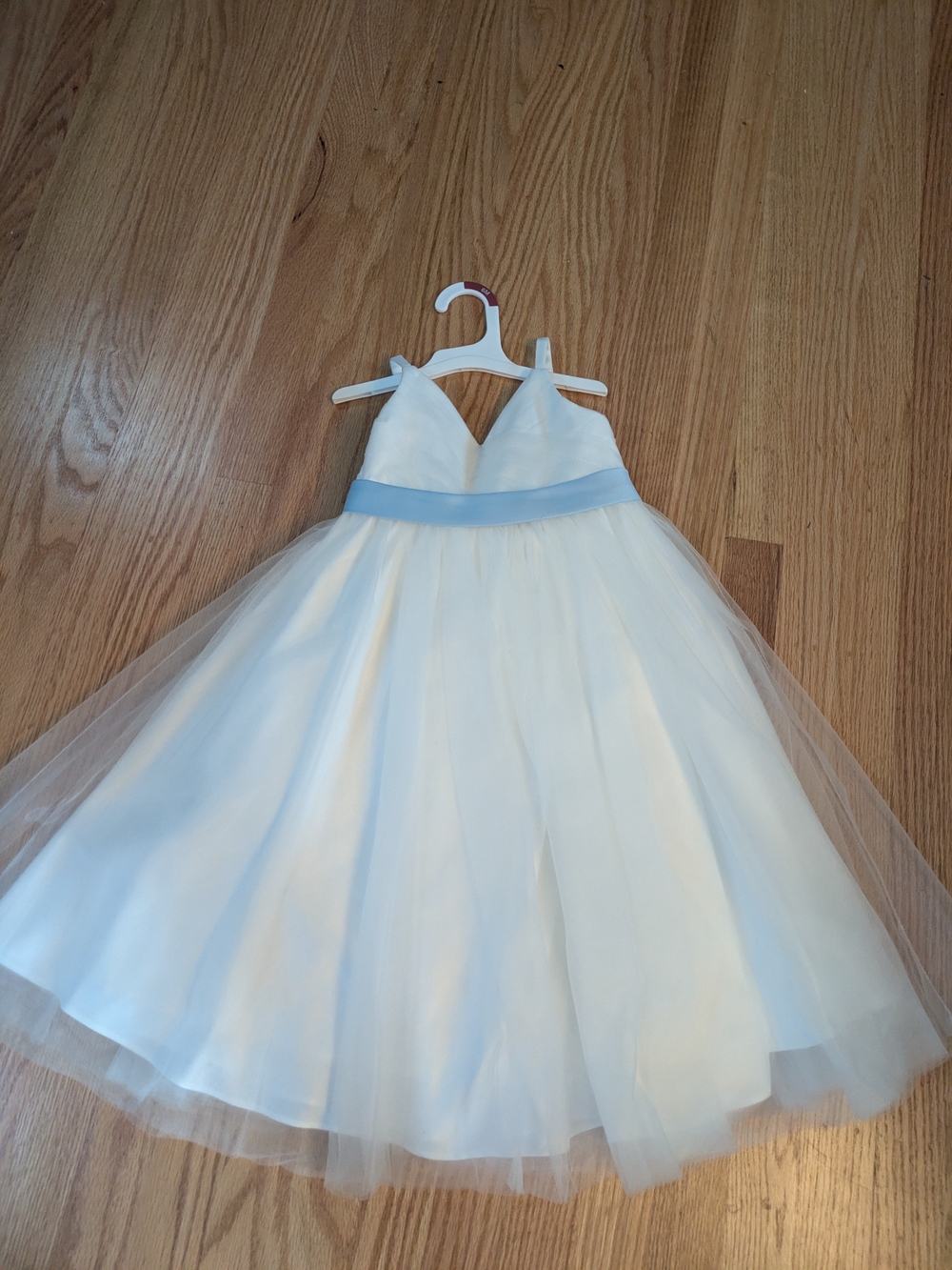 Azazie Flower Girl White Tulle Dress with Light Blue Sash
